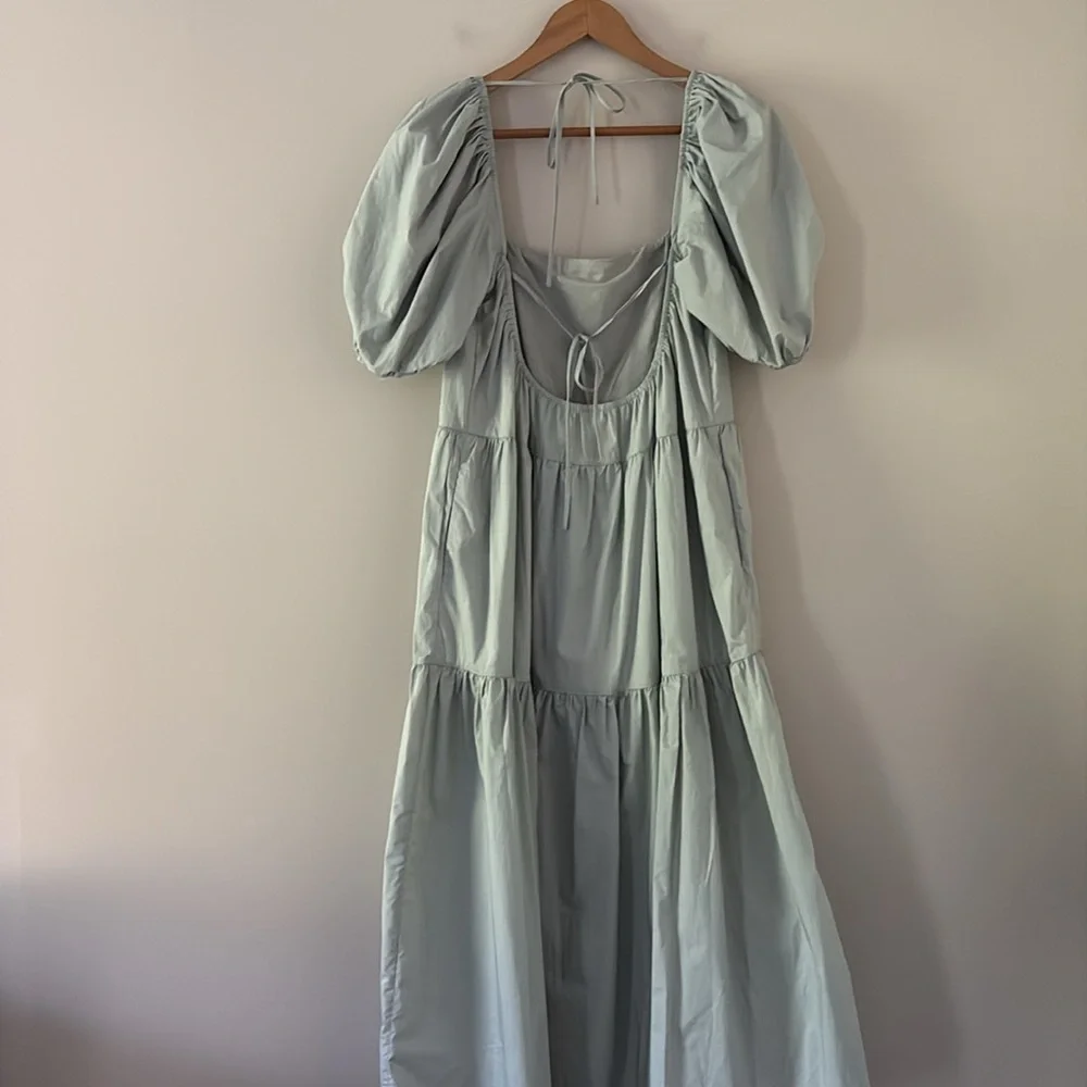 ASTR The Label llana Midi Dress Puff Sleeve Tiered‎ Skirt Tie Back Light Green M